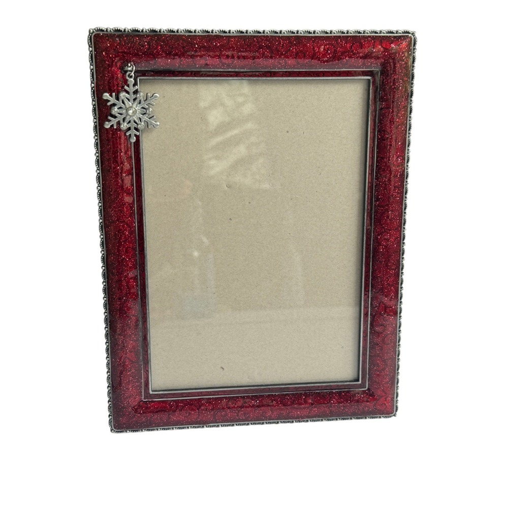 Red Glitter Snowflake Enamel 5x7 Picture Frame Sparkly Christmas Holiday Decor
